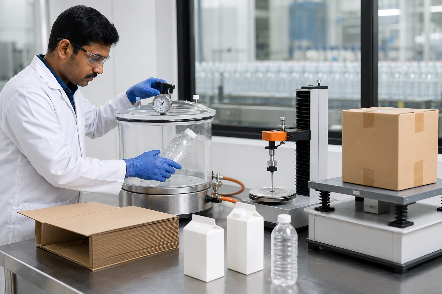 Quality technician testing PET bottles and cartons in a packaging laboratory