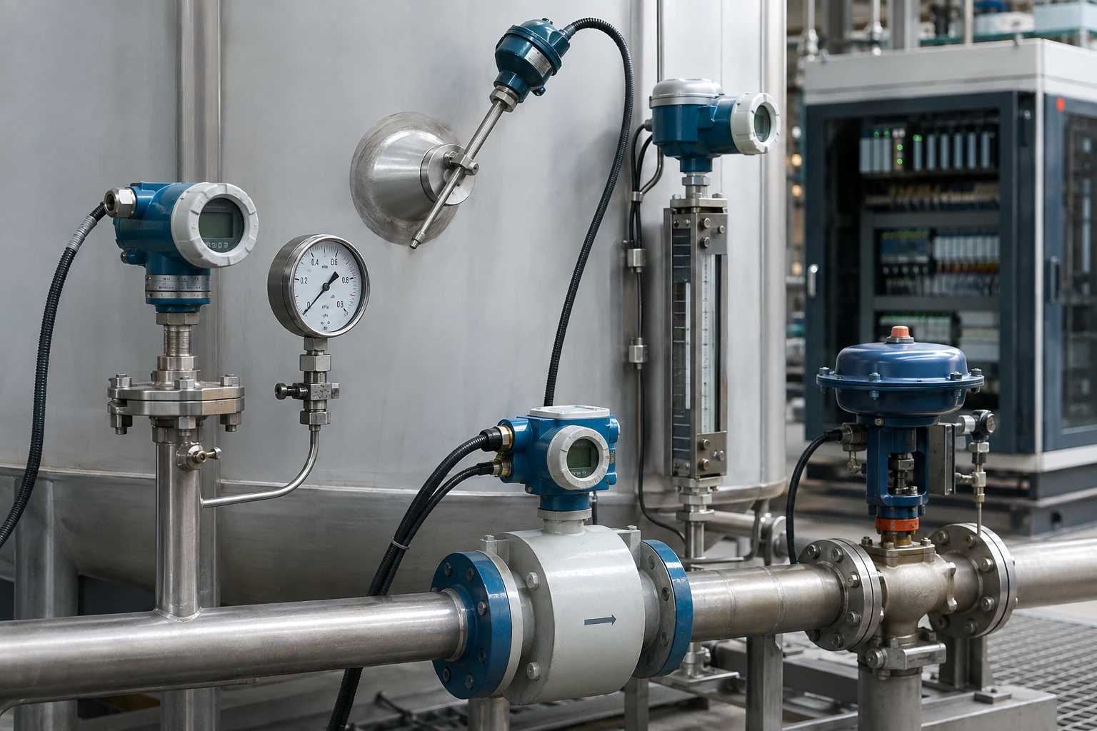 Pressure, temperature, level and flow instruments installed in a process plant