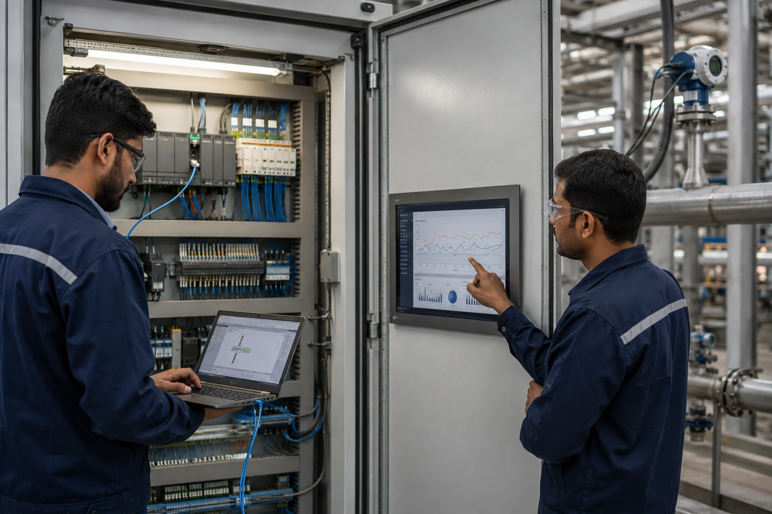 Engineers commissioning a PLC control panel and production reporting system